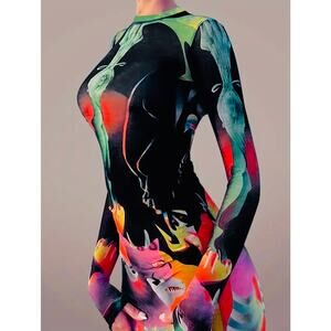 Vintage Style Long Sleeve Abstract Print Crew Neck Fashionable Dress, NWOT